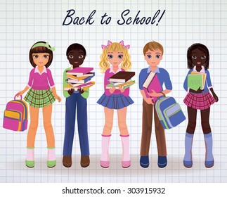 Cute little school girl and boy friends, vector illustration