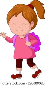 Cute little school girl cartoon waving hand