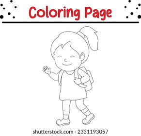 Cute little school girl cartoon. Vector illustration coloring page