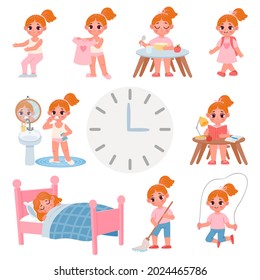 Cute little school girl day routine schedule. Cartoon kid activity, exercise, dress, brush teeth and chores. Vector daily graphic for child. Illustration girl schedule lifestyle, daily routine