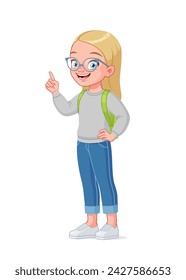 Cute little school girl in eyeglasses got an idea and index finger pointing up. Cartoon style vector character isolated on white background.