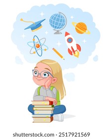 Cute little school girl in eyeglasses with a stack of books dreaming of a career in science. Cartoon vector illustration isolated on white background.