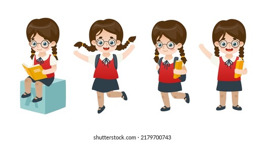 Cute little school girl poses collection. Set of cartoon girl in uniform expressions. Smart kid.