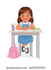 Cute little school girl sitting at the desk and studying. Cartoon vector illustration isolated on white background.