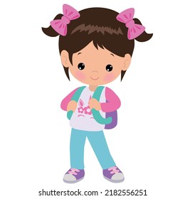 Cute little school girl vector cartoon illustration