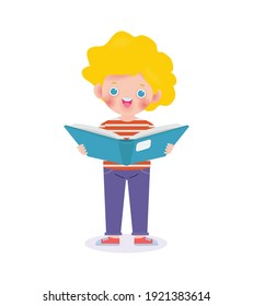 cute little school kid standing and reading a book, happy pupil reading a book children back to school Flat Vector Illustration isolated on white background
