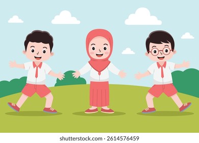 Cute Little School Kids with Happy Face in Red and White Uniform. Children activity Outdoor Park.