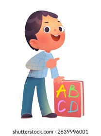 Cute little schoolboy character back to school with ABC book. Cute child and his book. Study and learn elementary school material. Vector character cartoon illustration for children and kids education