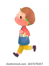 Cute little schoolboy character going back to elementary school with schoolbag. Male child walking and carrying bag with books. Vector character cartoon illustration for children and kids education