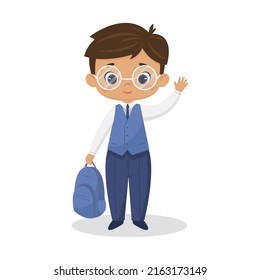 Cute little schoolboy in uniform with briefcase. School, education concept. Vector cartoon illustration on white background