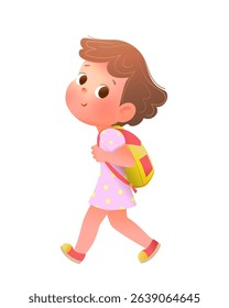 Cute little schoolgirl character going back to school with big backpack. Child walking and carrying schoolbag, schoolgirl design. Vector character cartoon illustration for children and kids education