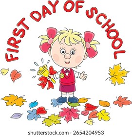 Cute little schoolgirl first grader ringing a small bell with a red bow and ribbons among colorful autumn leaves on the first day of school, vector cartoon illustration on a white background
