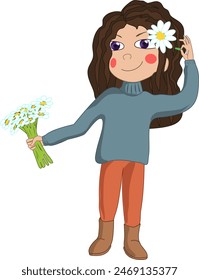 Cute little schoolgirl girl with flowers in her hand and flower in her hair. Vector illustration girl attached chamomile to her hair for beauty. The girl is dressed simply in a rustic way. brown hair