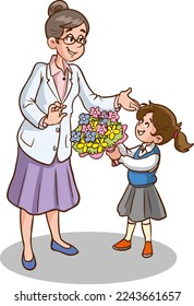 cute little schoolgirl giving flowers to her teacher cartoon vector illustration