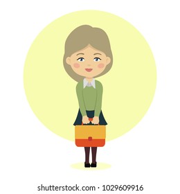 cute little schoolgirl with a schoolbag, cartoon character, vector image