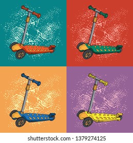 Cute little scooter for kids  pattern. Three-wheeled vehicle. Sport ride toy. Balance bike. Push cycle. Hand drawn illustration 