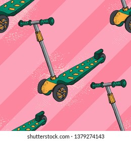 Cute little scooter for kids seamless pattern. Three-wheeled vehicle. Sport ride toy. Balance bike. Push cycle. Hand drawn illustration. Summer vacation