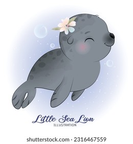 Cute little sea lion with watercolor illustration