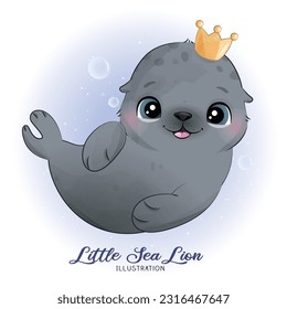 Cute little sea lion with watercolor illustration