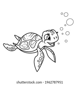 Cute little sea turtle outlined for coloring page isolated on white background