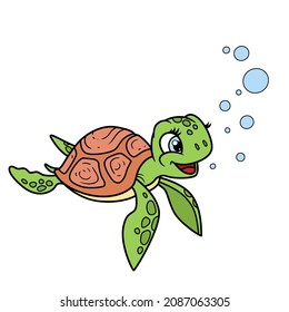 Cute little sea turtle outlined for coloring page isolated on white background