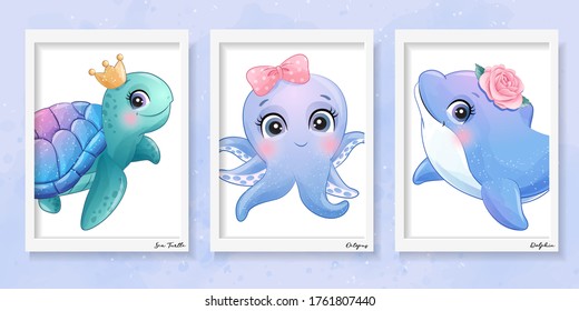 Cute little sea turtle,octopus and dolphin illustration