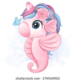 Cute little seahorse with butterfly illustration