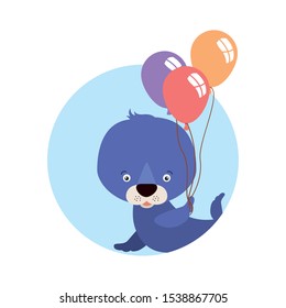 cute little seal with balloons helium character vector illustration design