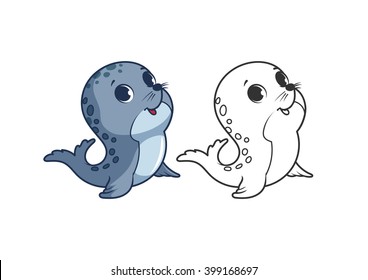 Cute little seal. Cartoon vector character isolated on a white background with black outline.