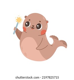 Cute little seal with magic wand kids vector