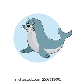 Cute Little Seal on Blue Circle Background. Cartoon Character Vector Illustration.