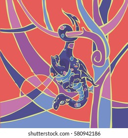 Cute little serious dragon caught on a tree branch with tail and sleeps upside down like a bat with setting sun on the background. Vector hand-drawn cartoon funny emotional character illustration.

