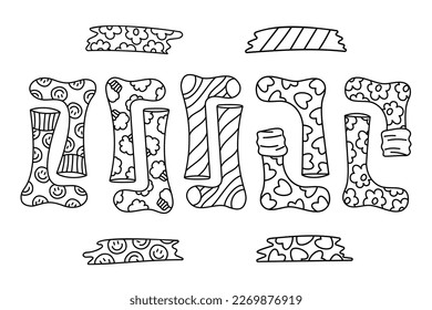 Cute little set with 5 pairs of socks and colored tape. Doodle vector black and white illustration.