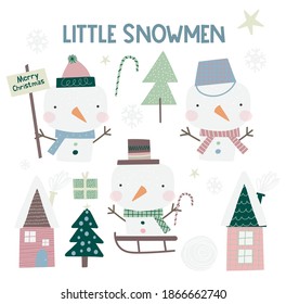 A cute little set of adorable snowmen, snowflakes, trees, houses and gifts, all created in a christmas pastel colour palette.