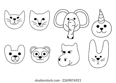 Cute little set with animal faces. Doodle black and white vector illustration.
