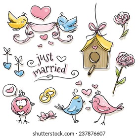 Cute little set of love birds and hearts for marriage card. Hand drawn doodle vector illustration.