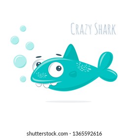 cute little shark with bubbles, vector illustration isolated on white background