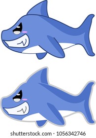 Cute Little Shark Cartoon Character Vector Smiling, Grinning Mischievously - Side view, With and Without outline.