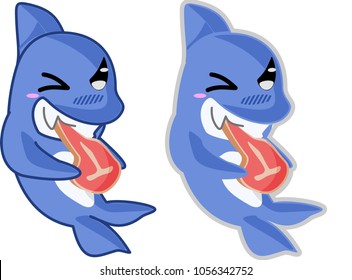 Cute Little Shark Cartoon Character Vector Eating, Tearing a Juicy and Delicious looking Meat - With and Without outline.