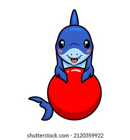 Cute little shark cartoon playing red ball