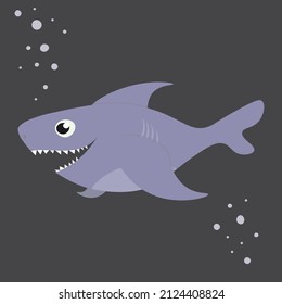 Cute little shark in cartoon style. Children's vector illustration for the design of clothes and children's accessories, for the decor of the children's room. Gray, purple, white color. Dark water. 