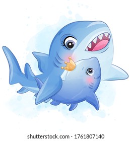 Cute little shark mother and baby illustration