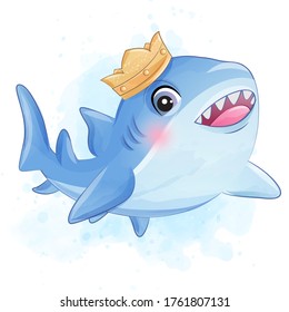 Cute little shark with watercolor illustration