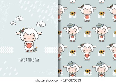 Cute little sheep cartoon card and seamless pattern. Perfect for kids apparel, textile, nursery decoration, fabric, wrapping paper.Hand drawn illustration.