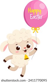 Cute Little Sheep Cartoon Character Holding Balloon With Text Happy Easter. Vector Illustration Flat Design Isolated On Transparent Background