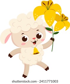 Cute Little Sheep Cartoon Character Walking And Holding A Flower. Vector Illustration Flat Design Isolated On Transparent Background