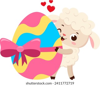 Cute Little Sheep Cartoon Character Showing A Easter Egg. Vector Illustration Flat Design Isolated On Transparent Background