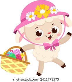 Cute Little Sheep Cartoon Character Running With Easter Eggs Basket. Vector Illustration Flat Design Isolated On Transparent Background