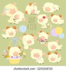 Cute Little Sheep Cartoon Characters Set on Green Background