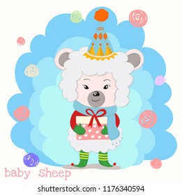 Cute little sheep cartoon with gift box red ribbon. Hand drawn style